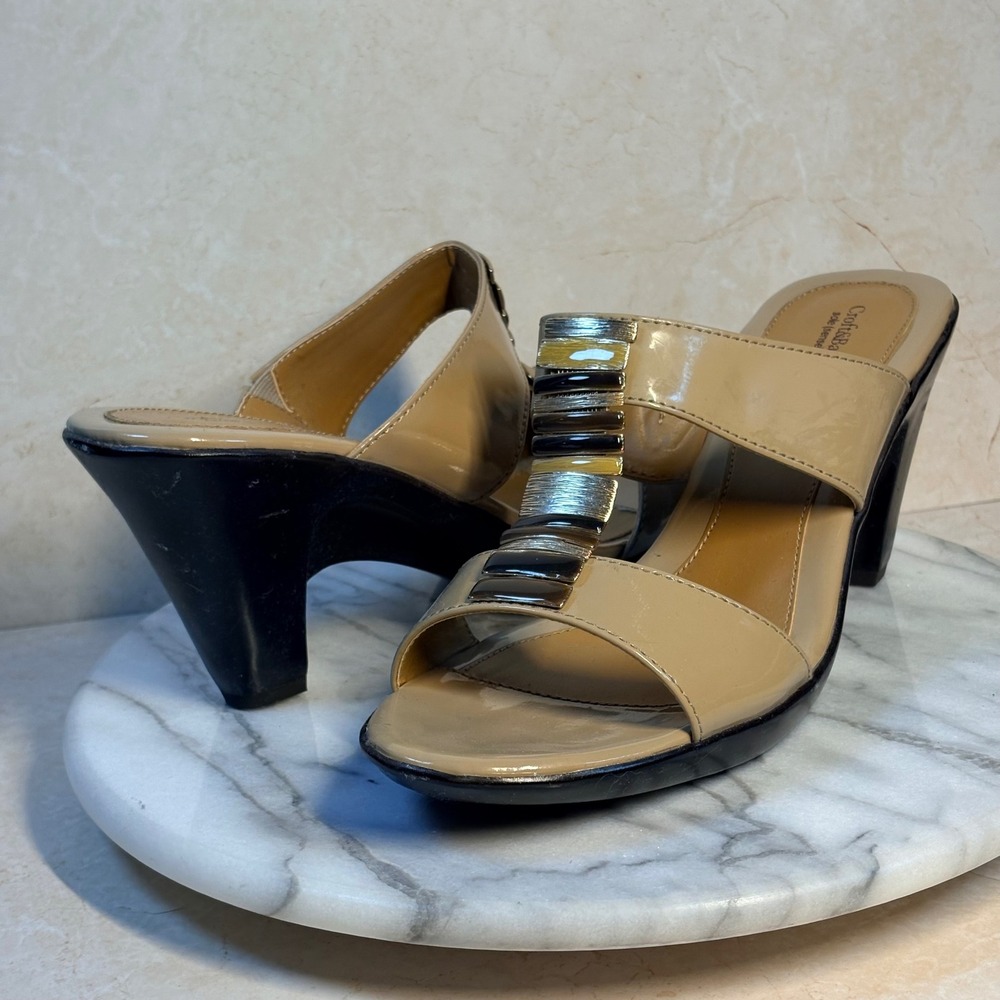 Croft & Barrow Tan Patent Beaded T-Strap Slide Sandals Heels 9.5 Neutral Comfort